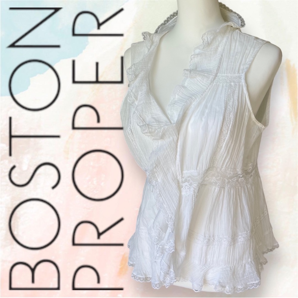 Boston Proper Ruffle Lace Embroidered White Sleeveless Blouse Tank Vest Size 12